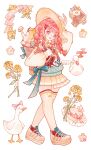  1girl absurdres ahoge animal aqua_flower bacon basket bird blue_bow bouquet bow bow_button bowtie braid brown_eyes bug butterfly cat chinese_clothes chinese_commentary cloak closed_mouth clothed_animal collared_shirt commentary_request cutting_board dot_nose duck duck_print ear_covers earrings eyelashes flower flower_basket food fried_egg frilled_headwear full_body go_go_duck_(shining_nikki) hair_ornament hair_over_shoulder hairclip hand_on_headwear happy hat hat_bow head_tilt high_collar highres hood hood_up hooded_cloak in_basket in_container jewelry jingyanyan light_blush long_hair long_sleeves looking_at_viewer low_twin_braids miniskirt momo_(nikki) nikki_(nikki) nikki_(series) ofuda_earrings open_mouth parallel_hairclips pink_bow pink_butterfly pink_flower pink_hair pleated_skirt print_vest procreate_(medium) puffy_long_sleeves puffy_sleeves reaching red_bow red_bowtie red_vest sample_watermark shining_nikki shirt shoes simple_background skirt sleeves_past_wrists smile sneakers standing straw_hat striped_clothes striped_thighhighs tachi-e tareme teeth thighhighs twin_braids unworn_hat unworn_headwear upper_teeth_only upturned_eyes vertical-striped_clothes vertical-striped_thighhighs vest waist_bow watermark wave_print white_background white_cat white_shirt white_shoes white_skirt white_thighhighs yellow_bow yellow_cloak yellow_flower yellow_hat zettai_ryouiki zzz 