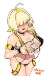  1girl ahoge bare_shoulders blonde_hair blunt_bangs blush breasts choker clothing_cutout collar colored_inner_hair commentary_request covered_eyes cowboy dated elegg_(nikke) facing_viewer full-face_blush goddess_of_victory:_nikke hair_over_eyes large_breasts legs multicolored_hair navel nipple_indents nipples open_mouth plump short_hair signature simple_background solo stomach sweat sweatdrop thigh_gap thighs tongue tsukudani_(coke-buta) white_background 