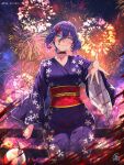  1girl black_choker blood blush chainsaw_man choker fireworks flower green_eyes hair_between_eyes hair_flower hair_ornament japanese_clothes jk_arts kimono looking_at_viewer nostrils purple_hair purple_kimono reaching reaching_towards_viewer reze_(chainsaw_man) short_hair smile solo twitter_username 