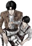  1boy ascot black_boots black_hair boots brown_jacket chair collarbone cropped_jacket cup dress_shirt figure_four_sitting highres holding holding_cup invisible_chair jacket levi_(shingeki_no_kyojin) male_focus multiple_views on_chair open_collar pants pants_rolled_up shingeki_no_kyojin shirt short_hair simple_background sitting sso_s teacup white_ascot white_background white_pants white_shirt 