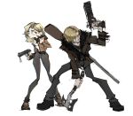  1boy 1girl axe black_boots black_coat black_pants blonde_hair boots brown_jacket coat commentary eslam_aboshady fighting_stance flashlight full_body fur-trimmed_coat fur_trim furrowed_brow grace_ashcroft grey_pants gun handgun hatchet_(axe) highres holding holding_axe holding_flashlight holding_gun holding_weapon jacket leon_s._kennedy mature_male medium_hair pants parted_bangs requiem_(gun) resident_evil resident_evil_requiem shirt short_hair sketch watch weapon white_background white_shirt wristwatch 