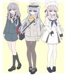  3girls absurdres beret black_pantyhose blue_archive blue_neckerchief blush bow bowtie commentary_request diagonal-striped_clothes diagonal-striped_necktie dress female_service_cap full_body gloves green_jacket green_skirt green_socks grey_hair grey_jacket grey_skirt halo hat highlander_railway_academy_student_(hg)_(blue_archive) highres jacket long_hair long_sleeves mizusaki_(kn27) multiple_girls neckerchief necktie one_eye_closed open_mouth pantyhose pink_hair purple_eyes red_necktie sailor_collar school_uniform shirt skirt socks striped_clothes striped_necktie tea_party_militant_a_(blue_archive) tea_party_militant_outfit_(blue_archive) white_dress white_gloves white_hat white_pantyhose white_shirt white_wings wildhunt_art_academy_student_(ar)_(blue_archive) wings yellow_bow yellow_bowtie yellow_eyes yellow_halo 