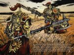  adeptus_custodes armor cape cloud commentary english_text fence full_armor highres holding holding_weapon looking_at_another outdoors polearm power_armor qingyuncelesteskylark red_cape rural signature sitting sky spear standing warhammer_40k weapon wheat wheat_field wind 