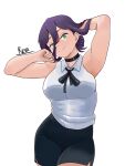  1girl absurdres arms_up black_choker black_ribbon black_skirt breasts chainsaw_man choker commentary grenade_pin highres large_breasts looking_at_viewer reva_kristian_s reze_(chainsaw_man) ribbon shirt skirt sleeveless sleeveless_shirt smile white_shirt 