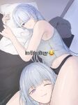  2girls ak-15_(girls'_frontline) alternate_costume artist_name bed black_panties breasts closed_mouth commentary english_commentary english_text feet_out_of_frame girls'_frontline grey_hair grey_shirt hair_over_one_eye highres holding holding_pillow i'm_this_clingy_(meme) long_hair looking_at_viewer lying meme multiple_girls on_bed on_side one_eye_closed panties pillow purple_eyes rpk-16_(girls'_frontline) shirt simple_background smile strapless strapless_shirt thighs twitter_username underwear yuiitxu yuri 