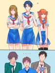  3boys 3girls ? bow camera facepalm gekkan_shoujo_nozaki-kun hori_masayuki kashima_yuu miniskirt multiple_boys multiple_girls no_pupils nozaki_umetarou pleated_skirt polka_dot polka_dot_bow reaction sakura_chiyo school_uniform seo_yuzuki serafuku simple_background skirt turn_pale wakamatsu_hirotaka warable 