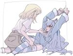  2girls animal_ears arms_up bang_dream! bang_dream!_it's_mygo!!!!! blonde_hair blue_ribbon blush cat_ears collar cuffed cuffs fluffy_legwear hair_ribbon handcuffs highres kemonomimi_mode kira_reader kneeling long_hair long_sleeves looking_at_another lying medium_hair misumi_uika multiple_girls on_side open_mouth ribbon shirt short_sleeves togawa_sakiko very_long_hair white_background white_shirt yellow_eyes yuri 
