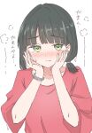  1girl blush green_eyes hands_on_own_cheeks hands_on_own_face highres iroha_(nami3) love_live! love_live!_hasu_no_sora_jogakuin_school_idol_club low_twintails momose_ginko nose_blush red_shirt shirt short_twintails simple_background solo sweatdrop swept_bangs t-shirt three-quarter_sleeves translation_request twintails upper_body virtual_youtuber white_background 