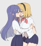  2girls black_hairband blonde_hair bob_cut bow bowtie breasts brown_eyes collared_shirt commentary couple cowboy_shot eye_contact from_side furude_rika grey_background hairband hand_on_another's_back higurashi_no_naku_koro_ni higurashi_no_naku_koro_ni_gou holding_hands houjou_satoko imminent_kiss interlocked_fingers long_hair long_sleeves looking_at_another miniskirt multiple_girls open_mouth pleated_skirt profile purple_eyes purple_hair purple_skirt red_bow red_bowtie school_uniform shirt shirt_tucked_in shirttail short_hair short_sleeves simple_background skirt sou_(tuhut) st._lucia_academy_school_uniform standing straight_hair tongue tongue_out white_shirt yuri 