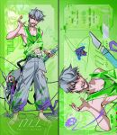  1boy alien_stage animalization barefoot blink_gone_(alien_stage) cactusute character_name character_signature commentary copyright_logo copyright_name ear_piercing english_commentary english_text freddie_(alien_stage) green_background green_eyes green_tank_top grey_hair grey_pants headset highres ivan_(alien_stage) logo looking_to_the_side male_focus microphone multiple_views navel nipples open_mouth pants piercing rabbit short_hair sign solo song_name tank_top till_(alien_stage) very_short_hair warning_sign 
