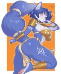  1girl animal_ears animal_feet anklet aqua_eyes arm_guards armor artist_name blue_fur blue_hair border breasts circlet claws commentary english_commentary fox_ears fox_girl fox_tail furry furry_female gold_anklet gold_armor gold_trim hand_on_own_chin highres jewelry krystal large_breasts light_blush looking_at_viewer midriff necklace orange_background parted_bangs parted_lips pelvic_curtain short_hair shoulder_armor skindentation skirt solo sparkle star_fox star_fox_adventures tail tail_ornament tail_ring vizaz white_border white_skirt 