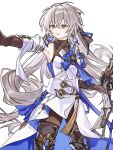  1girl bronya_rand crossed_bangs dress earrings grey_hair gun hair_between_eyes highres holding holding_gun holding_weapon honkai:_star_rail honkai_(series) jewelry long_hair open_mouth outstretched_arm rifle rizu033 simple_background sleeveless sleeveless_dress solo very_long_hair weapon white_background white_dress 