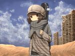  1girl belt black_eyes blue_sky brown_hair carrying_over_shoulder charm_(object) cityscape cloud cross_in_eye desert guitar_case hat high_collar highres instrument_case long_sleeves newsboy_cap okurete_iru original ruins shirt sky solo striped_clothes striped_shirt sweater swept_bangs upper_body 