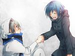  1girl animal_hood blue_hair coat etsusa_oohashi gime holding_hands hood kirino_yua nejiro_kanata scarf short_hair 