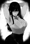  1girl alternate_costume armpits arms_behind_head black_hair blush bra_visible_through_clothes breasts chainsaw_man highres large_breasts long_hair looking_at_viewer looking_to_the_side monochrome rethoven scar scar_on_face shirt sleeveless sleeveless_shirt steam sweat wet wet_clothes white_shirt wide_hips yoru_(chainsaw_man) 