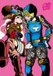  2girls absurdres animification armor belt blue_boots blue_gloves blue_helmet bodysuit boots breasts brown_gloves brown_hair closed_eyes commentary_request crossed_arms crossed_legs drill_hair facial_tattoo fishnets frabeejo gloves hand_on_own_hip hand_on_own_leg headgear helmet highres hisa_masato hurricane_blue invisible_chair knee_boots legs_together lipstick looking_at_another makeup multiple_girls ninja ninpuu_sentai_hurricanger nono_nanami pink_background pout puffy_cheeks shirt signature simple_background sitting sleeveless sleeveless_shirt super_sentai tattoo teeth tokusatsu twin_drills vest 