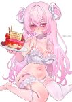  1girl absurdres artist_name barefoot bow bra breasts cake commentary_request double_bun english_text food frilled_bra frills hair_between_eyes hair_bun hair_ornament heart heart-shaped_pupils highres holding large_breasts long_hair navel original panties pink_eyes pink_hair plate profanity simple_background sitting solo symbol-shaped_pupils tanu_yuzu underwear wariza white_bow 