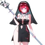  1girl absurdres akane_lize black_dress black_eyes black_veil blush breasts cleavage closed_mouth clothing_cutout colored_inner_hair commentary_request cowboy_shot dress full_cleavage groin guimpe highres holding holding_staff korean_commentary large_breasts mage_staff mole mole_under_eye multicolored_hair navel navel_cutout no_panties nun red_hair revealing_clothes short_dress short_hair side_slit simple_background smile solo staff standing stellive straight_hair strapless strapless_dress veil virtual_youtuber white_background wide_hips yeomhwauranyum 