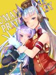  2girls absurdres animal_ears aqua_bow armband black_jacket blunt_bangs blush bow bowtie breasts brown_hat closed_mouth coat commentary_request dress ear_bow ear_ribbon frilled_coat frilled_jacket frills gloves gold_ship_(red_strife)_(umamusume) gold_ship_(umamusume) grey_hair grin hat highres horse_ears horse_girl jacket large_breasts long_hair long_sleeves looking_at_viewer mejiro_mcqueen_(frontline_elegance)_(umamusume) mejiro_mcqueen_(umamusume) multiple_girls one_eye_closed open_mouth pillbox_hat purple_eyes purple_hair red_bow red_dress shirt sleeveless sleeveless_dress small_breasts smile striped_armband striped_clothes striped_shirt teeth togashi_(choco-bakama_kitchen) umamusume w white_gloves 