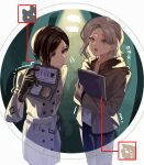  2girls absurdres ada_wong black_gloves black_hair blonde_hair border breasts brown_jacket cat clipboard closed_mouth coat commentary cowboy_shot fbi_badge flying_sweatdrops gloves grace_ashcroft grey_coat grey_eyes grey_pants hand_on_own_hip haobuguniao highres holding holding_clipboard holding_wallet jacket medium_breasts multiple_girls open_mouth pants parted_bangs resident_evil resident_evil_requiem shirt short_hair swept_bangs trembling trench_coat wallet white_border white_shirt 