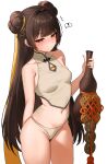  ! 1girl absurdres arm_behind_back bandaid_on_stomach bare_shoulders black_survival blush breasts brown_hair collarbone commentary_request dasi_(kwts3227) double_bun eternal_return:_black_survival gourd hair_bun hair_ribbon half-closed_eyes hand_up highres holding holding_gourd korean_commentary li_dailin long_hair navel notice_lines panties ribbon simple_background small_breasts solo speech_bubble spoken_exclamation_mark thighs tight_top underwear very_long_hair white_background yellow_eyes 