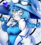  1girl absurdres blue_hair blue_hat blue_leotard blue_nails bow braid braided_twintails breasts choker coat colored_sclera colored_skin commentary english_commentary frilled_choker frills goggles goggles_on_headwear grey_sclera grey_skin grin hair_bow hat heart highres indie_virtual_youtuber leotard looking_at_viewer miko_amai_(artist) one_eye_closed round_eyewear sharp_teeth smile teeth tiefling twin_braids virtual_youtuber white_coat yellow_eyes yomi_quinnley 