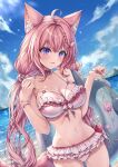  1girl absurdres ahoge animal_ears bare_shoulders bikini blue_sky blush bow breasts choker cleavage cloud cloudy_sky collarbone commentary_request commission day dincat fang fingernails frilled_bikini frilled_choker frills hair_intakes hair_ornament hairclip hakui_koyori hakui_koyori_(summer) heart heart_hair_ornament highres holding hololive innertube kokoro_(hakui_koyori) large_breasts long_hair looking_at_viewer mofukoyo_(hakui_koyori) mountainous_horizon nail_polish navel ocean open_mouth outdoors pink_choker pink_hair pink_nails pink_tail purple_eyes red_bow sky smile solo stomach strap_pull sweat swim_ring swimsuit tail thighs twintails two-tone_choker virtual_youtuber white_bikini white_choker wing_hair_ornament wolf_ears wolf_girl wolf_tail 