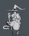  1other animal_ears backpack bag commentary_request grey_background gun hat holding holding_gun holding_weapon looking_at_viewer medium_hair messenger_bag ootori_(otori0704) original rifle shaded_face short_sleeves shoulder_bag standing tagme tail torn_clothes torn_sleeves weapon witch_hat 