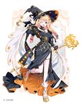  1girl :d ;d bare_shoulders black_dress black_hat blonde_hair blunt_bangs braid breasts commentary_request copyright_notice dress full_body gold_shoes gradient_hair green_eyes hand_up hat holding holding_staff hololive ibara_riato jewelry juliet_sleeves long_dress long_hair long_sleeves looking_at_viewer low_twin_braids mage_staff magical_girl medium_breasts momosuzu_nene multicolored_hair off_shoulder official_alternate_costume official_art one_eye_closed open_mouth pink_hair puffy_sleeves shoes side_slit smile solo staff standing standing_on_one_leg thighlet twin_braids two-sided_dress two-sided_fabric virtual_youtuber waving wide_brim witch_hat zoom_layer 