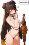  1girl absurdres bandaid_on_stomach bare_shoulders black_survival blush breasts brown_hair collarbone commentary_request dasi_(kwts3227) double_bun eternal_return:_black_survival fellatio_gesture gourd hair_bun hair_ribbon half-closed_eyes hands_up heart highres holding holding_gourd korean_commentary li_dailin long_hair looking_at_viewer narrowed_eyes naughty_face navel ok_sign open_mouth oral_invitation panties ribbon saliva sexually_suggestive simple_background small_breasts solo speech_bubble spoken_heart sweat thighs tight_top tongue tongue_out underwear very_long_hair white_background yellow_eyes 