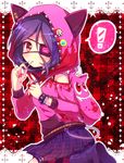  1girl animal_hood backpack bag candy cat_hood eyepatch food hair_between_eyes hayasaka_mirei hood idolmaster idolmaster_cinderella_girls jewelry lollipop looking_at_viewer nail_polish off_shoulder purple_hair red_eyes ring short_hair solo yuyuyasds 