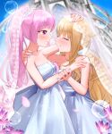  2girls absurdres bare_arms bare_shoulders blue_hair blue_nails blunt_bangs blurry blurry_background blush bridal_veil bride bubble church closed_eyes closed_mouth collarbone commentary day domodfg dress flower from_side hair_flaps hand_on_another's_arm hand_on_another's_head hand_on_another's_shoulder happy_tears highres himehina_channel hug jewelry long_hair looking_at_another multicolored_eyes multicolored_hair multiple_girls nail_polish outdoors petals pink_eyes pink_flower pink_hair pink_nails ponytail purple_eyes rainbow ring sky smile strapless strapless_dress streaked_hair suzuki_hina tanaka_hime tears veil very_long_hair virtual_youtuber wedding wedding_dress wedding_ring white_dress wife_and_wife yuri 
