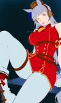  1girl absurdres animal_ears armband blunt_bangs bow breasts brown_hat dress ear_bow ear_ribbon gloves gold_ship_(red_strife)_(umamusume) gold_ship_(umamusume) grey_hair hat highres horse_ears horse_girl horse_tail large_breasts long_hair looking_at_viewer pantyhose pillbox_hat purple_eyes red_dress sitting sleeveless sleeveless_dress solo striped_armband striped_clothes tail theheavenpit tongue tongue_out umamusume white_gloves white_pantyhose 