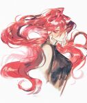  1girl bare_shoulders black_dress breasts closed_mouth dandadan de557777 dress floating_hair furrowed_brow hair_between_eyes highres light_blush long_hair medium_breasts red_eyes red_hair shiratori_aira_(dandadan) shiratori_aira_(transformed)_(dandadan) sleeveless sleeveless_dress solo turtleneck upper_body very_long_hair white_background 