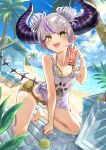  1girl :d absurdres alternate_costume animal_print barefoot bikini bikini_top_under_shirt bikini_under_clothes black_horns blue_sky breasts can cleavage cloud commentary_request cooler day demon_girl demon_horns double_bun full_body grey_hair hair_bun halterneck hand_up highres holding holding_can hololive horns jewelry kneeling la+_darknesss leopard_print leopard_print_bikini looking_at_viewer multicolored_hair necklace open_mouth outdoors pointy_ears print_bikini purple_streaks see-through_clothes see-through_tank_top shago_daruma short_hair single_hair_streak sky slit_pupils small_breasts smile solo strap_slip streaked_hair striped_horns swimsuit tail tank_top teeth toes upper_teeth_only v-shaped_eyebrows virtual_youtuber white_tank_top yellow_bikini yellow_eyes 