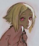  1girl ao_ai02 blonde_hair cable eishia_stilza english_commentary flipped_hair gachiakuta highres looking_at_viewer mole mole_under_eye neck_ribbon parted_lips pink_eyes pink_ribbon pink_shirt portrait realistic ribbon shirt short_hair sidelocks solo white_background 
