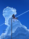  1280x720_(pixiv_40443116) 1girl arms_at_sides black_dress black_eyes black_hair black_shoes blue_shirt blue_sky cloud cloudy_sky collared_shirt commentary contrail dated_commentary day dress highres lamppost long_hair looking_at_viewer neck_ribbon original outdoors pinafore_dress red_ribbon ribbon scenery school_uniform shirt shoes sitting sky sky_focus sleeveless sleeveless_dress solo straight_hair untranslatable_commentary variant_set wide_shot 