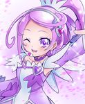  absurdres bad_id bad_pixiv_id choker cure_sword dokidoki!_precure earrings hair_ornament headset highres jewelry kenzaki_makoto long_hair magical_girl one_eye_closed ponytail precure purple_choker purple_eyes purple_hair sharumon smile solo spade_earrings spade_hair_ornament 