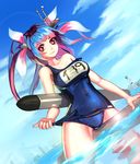  absurdres blue_hair botro breasts highres i-19_(kantai_collection) kantai_collection large_breasts long_hair one-piece_swimsuit red_eyes school_swimsuit shimakaze_(kantai_collection) solo star star-shaped_pupils swimsuit symbol-shaped_pupils torpedo twintails 