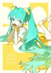  1girl aqua_eyes aqua_hair barefoot blush border closed_mouth commentary cookie elbow_rest food food-themed_hair_ornament food_in_mouth grid_background hair_ornament hand_rest hands_on_own_cheeks hands_on_own_face hatsune_miku highres legs_up lemon_hair_ornament lemon_melon_cookie_(vocaloid) long_hair looking_at_viewer looking_to_the_side lying miniskirt necktie on_stomach outside_border potg_(piotegu) shirt short_sleeves skirt solo straight_hair twintails very_long_hair vocaloid white_border white_shirt yellow_background yellow_necktie yellow_skirt 