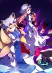  animal_ears blonde_hair blood blue_eyes bow cat checkered checkered_floor chen chen_(cat) crossed_arms fox_tail hair_bow hat ichiyan long_hair multiple_girls multiple_tails purple_eyes ribbon short_hair tabard tail touhou yakumo_ran yakumo_yukari 