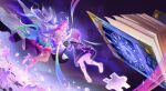 2girls absurdres ankle_flower back bare_shoulders book breasts closed_eyes coat commentary cottolla cyrene_(demiurge)_(honkai:_star_rail) cyrene_(honkai:_star_rail) cyrene_(philia093)_(honkai:_star_rail) dress dress_flower floating_hair flower flying from_behind hair_flower hair_intakes hair_ornament halo halo_behind_head high_heels highres honkai:_star_rail honkai_(series) large_breasts layered_dress long_hair mem_(honkai:_star_rail) multicolored_dress multicolored_hair multicolored_ribbon multiple_girls neck_flower open_mouth pink_hair pointy_ears purple_coat puzzle puzzle_piece ribbon short_hair sky smile star_(sky) starry_sky very_long_hair white_dress white_hair wrist_ribbon 
