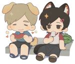  1boy 1girl :3 ada_wong animal_ear_fluff animal_ears black_eyes black_hair black_sandals black_shorts black_skirt blonde_hair blue_sandals blue_shirt cat_ears cat_girl cat_tail chewing chibi chibi_only closed_eyes commentary dog_boy dog_ears dog_tail eating food food_in_mouth fruit hair_ornament hairclip holding holding_food holding_fruit holding_popsicle kemonomimi_mode leon_s._kennedy light_blush long_skirt mrcoffeepuppy popsicle popsicle_in_mouth red_sleeves resident_evil sandals shirt shorts sitting skirt squeans tail watermelon watermelon_slice wavy_mouth white_background white_shirt 