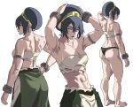  1girl abs absurdres ass avatar:_the_last_airbender avatar_legends black_hair blind breasts commentary green_hairband grey_eyes hair_between_eyes hair_bun hairband highres large_breasts looking_at_viewer muscular muscular_female panties shiren_(ourboy83) short_hair single_hair_bun smile solo toph_beifong underwear 