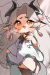  absurdres black_bow black_panties bow bowtie charlotte926897 chibi commentary_request detached_sleeves dragon_ears dragon_girl dragon_horns dragon_tail dress earrings fang feet fewer_digits fluffy_hair forehead grey_hair heart heavy_breathing highres horns jewelry korean_commentary long_hair long_sleeves looking_at_viewer lying on_back on_bed open_mouth panties panties_around_one_ankle panties_around_one_leg parted_bangs pointy_ears red_eyes sexualized_chibi smile tail trickcal underwear very_long_hair vivi_(trickcal) white_dress wide_sleeves 