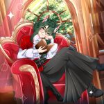  1girl ahoge animal_ear_fluff animal_ears black_shoes black_skirt book cat_ears cat_girl commentary english_commentary girl_dm girl_dm_(villainess) green_hair heart heart_ahoge highres holding holding_book indie_virtual_youtuber long_hair long_skirt looking_at_viewer rheaskyglint shirt shoes sitting skirt solo virtual_youtuber white_shirt yellow_eyes 