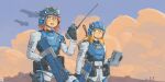  2girls ammunition_pouch assault_rifle backpack bag bandage_on_cheek blonde_hair blue_sky bull bulletproof_vest bullpup colorful_clouds explosive frown goggles goggles_on_headwear green_eyes grenade gun helldivers_(series) helmet highres holster looking_at_another multiple_girls orange_hair patch pouch radio_antenna rifle seaf_soldier_(helldivers) shoulder_patch signature sky stylus super_destroyer_(helldivers) tablet_pc thigh_holster tinybot_painter walkie-talkie weapon wrist_computer 