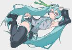 1girl aqua_eyes aqua_hair aqua_nails aqua_necktie aqua_trim armpits bespectacled black_boots black_skirt black_sleeves boots breasts closed_mouth collared_shirt commentary detached_sleeves fingernails food full_body glasses grey_background grey_shirt hair_between_eyes hatsune_miku headset highres holding holding_food holding_spring_onion holding_vegetable long_hair looking_at_viewer nail_polish necktie nyokki763 piano_print pleated_skirt shirt simple_background skirt sleeveless sleeveless_shirt small_breasts solo spring_onion thigh_boots tie_clip twintails vegetable very_long_hair vocaloid wing_collar zettai_ryouiki 