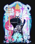  8er8er1s artist_name black_bow black_jacket bow cherry_earrings clock closed_mouth commentary commission crossed_arms crown earrings flower food-themed_earrings gakuran highres holding holding_staff jacket jewelry jojo_no_kimyou_na_bouken kakyoin_noriaki lily_(flower) male_focus purple_eyes red_flower red_hair red_rose rose school_uniform staff white_flower 