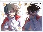  1boy black_eyes black_hair cape commentary contrast crown diagonal-striped_background false_memory glowing glowing_eyes halo highres jacket looking_to_the_side male_focus mini_crown multiple_views open_mouth protagonist_halo red_cape shirt short_sleeves simple_background siniru73 smile solo sparkle striped_background untranslatable_commentary white_background 